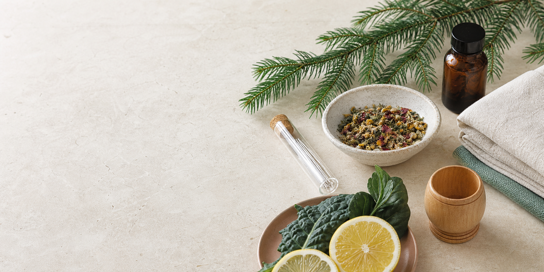 Botanical and therapeutic materials arranged at Balsam Clinic